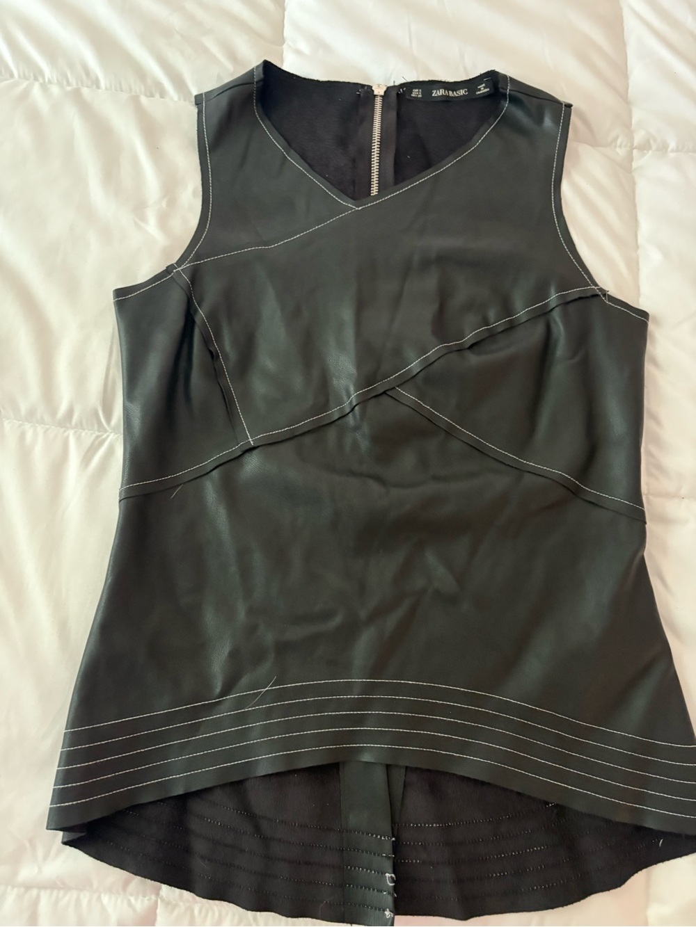Zara Black Faux Leather Sleeveless Tank with Contrast Stitching